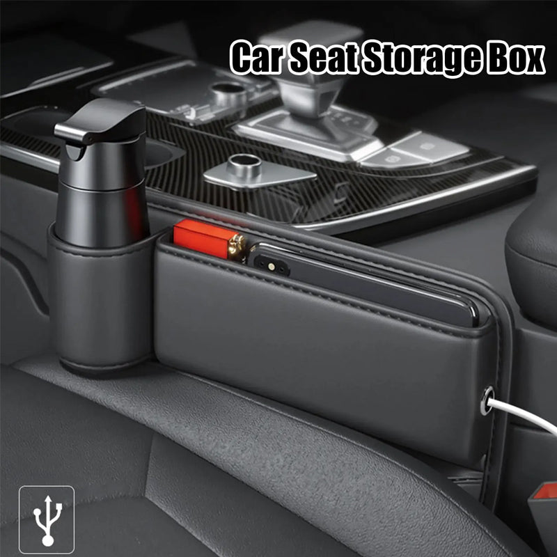 Seat Gap Storage Box Leather | Fits Driver & Co-Driver Seat Gaps | Stops Items Falling, Reserved Charging Port