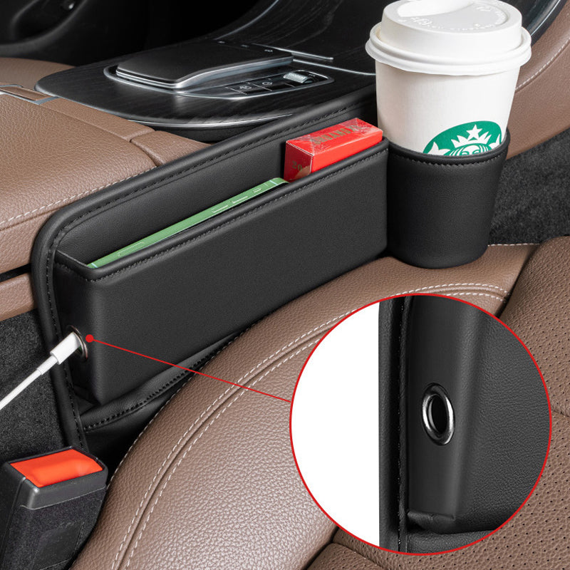 Seat Gap Storage Box Leather | Fits Driver & Co-Driver Seat Gaps | Stops Items Falling, Reserved Charging Port