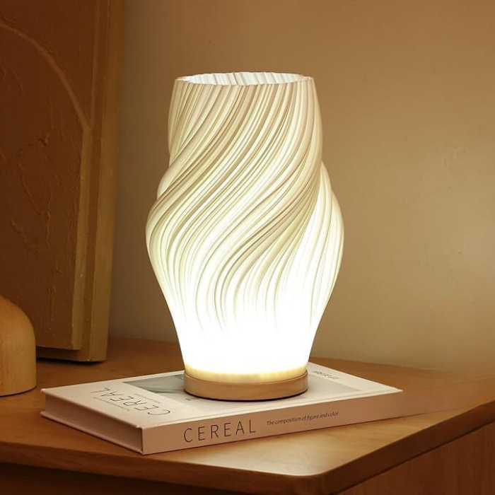 Sculpted Shade Table Lamp Wood Base | Wave, Swirl or Cloud Style, Medium or Large | Dimmable Warm & Natural White, USB Powered 1