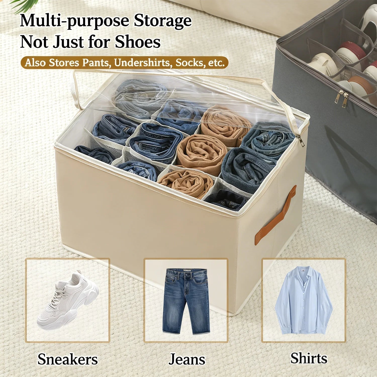 Shoe Organizer | Fabric Clear Window & Leather Handle Design
