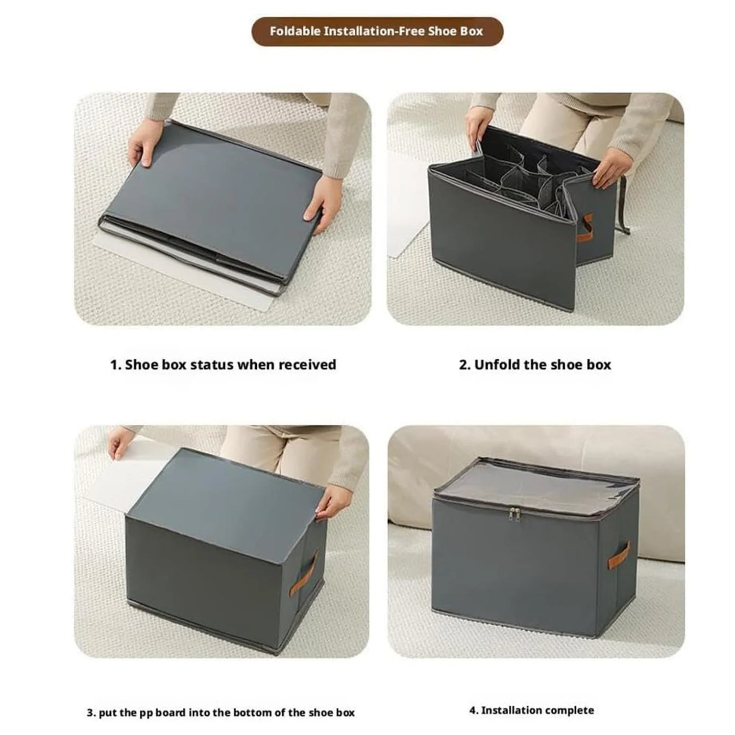Shoe Organizer | Fabric Clear Window & Leather Handle Design