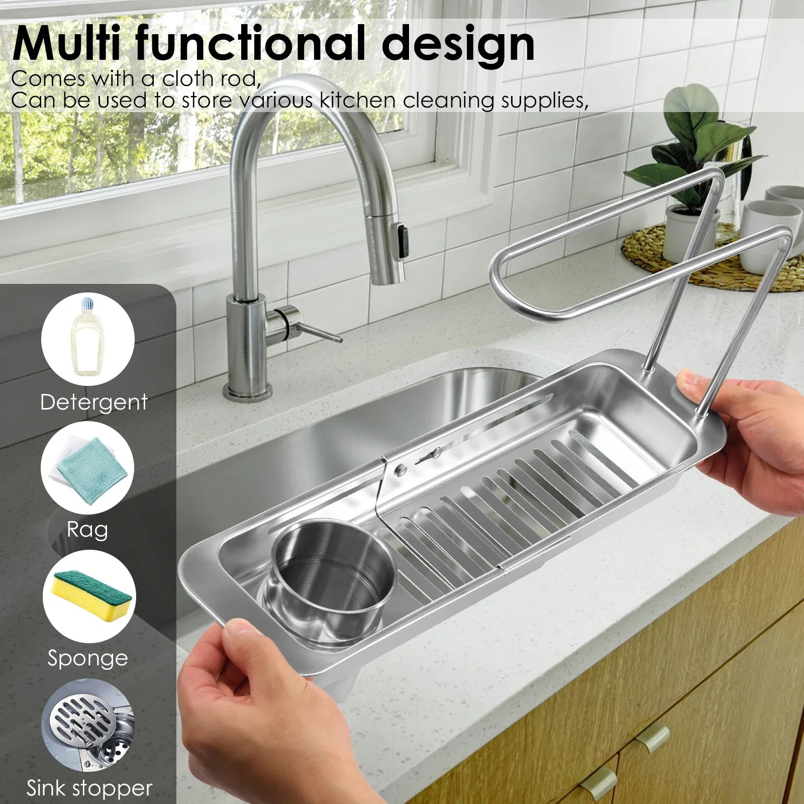 Sink Drain Shelf Stainless Steel Kitchen Holder Basket Towel Hanger 4