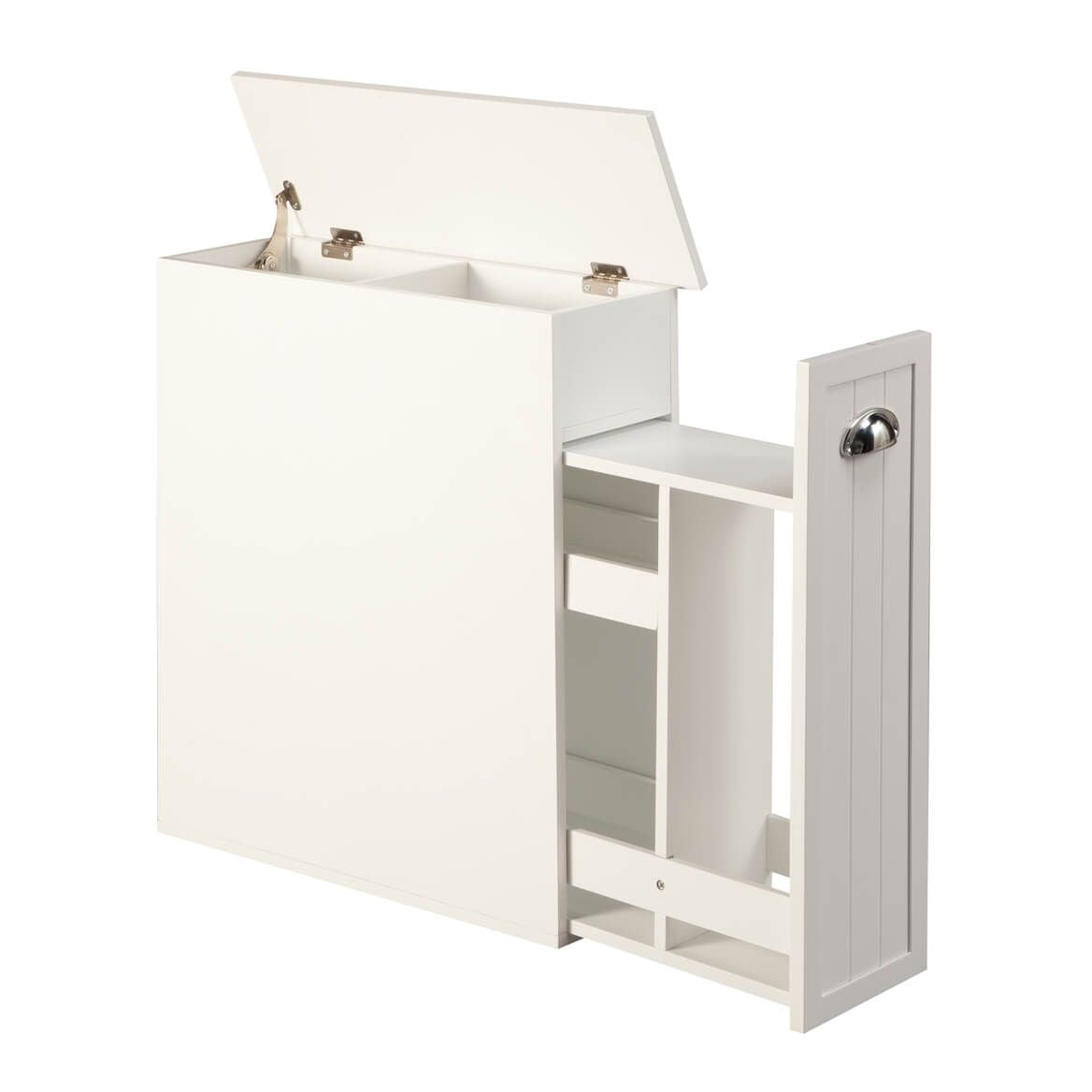 Slim Bathroom Storage Cabinet | White with Silver Handle | Pull-Out Drawer & Lift-Top Compartments