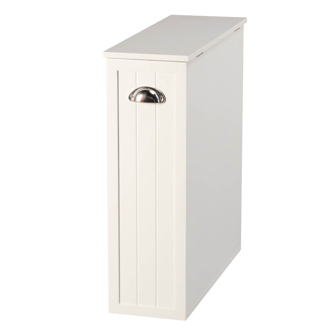 Slim Bathroom Storage Cabinet | White with Silver Handle | Pull-Out Drawer & Lift-Top Compartments