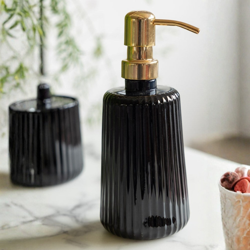 Soap Dispenser Ribbed Glass Iron Pump, Elegant Design 02