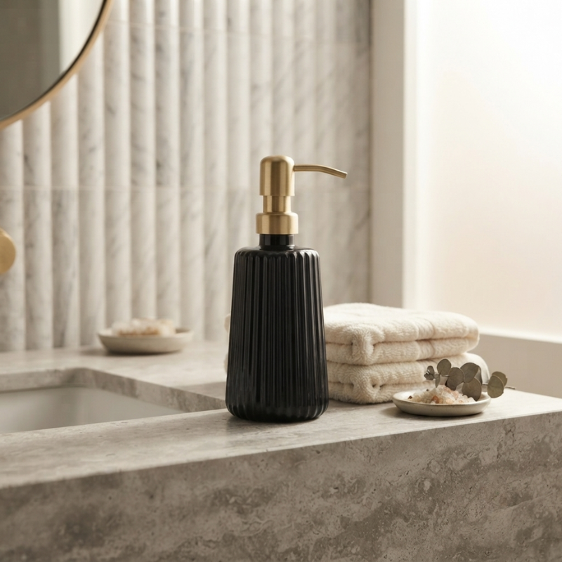 Soap Dispenser Ribbed Glass Iron Pump, Elegant Design 06