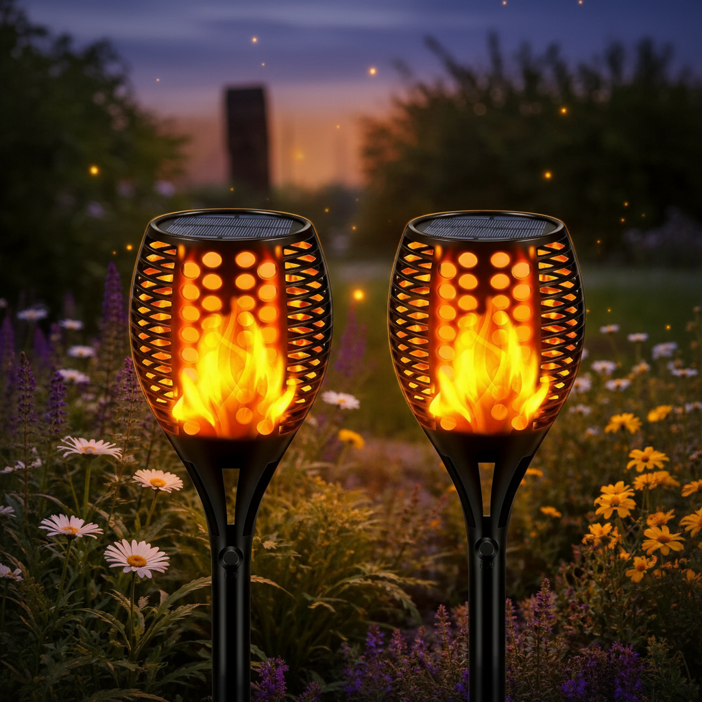 Solar Flame Torch Light Ground Stake | Flickering LED with Dusk-to-Dawn Sensor | IP67 Waterproof Garden Lighting
