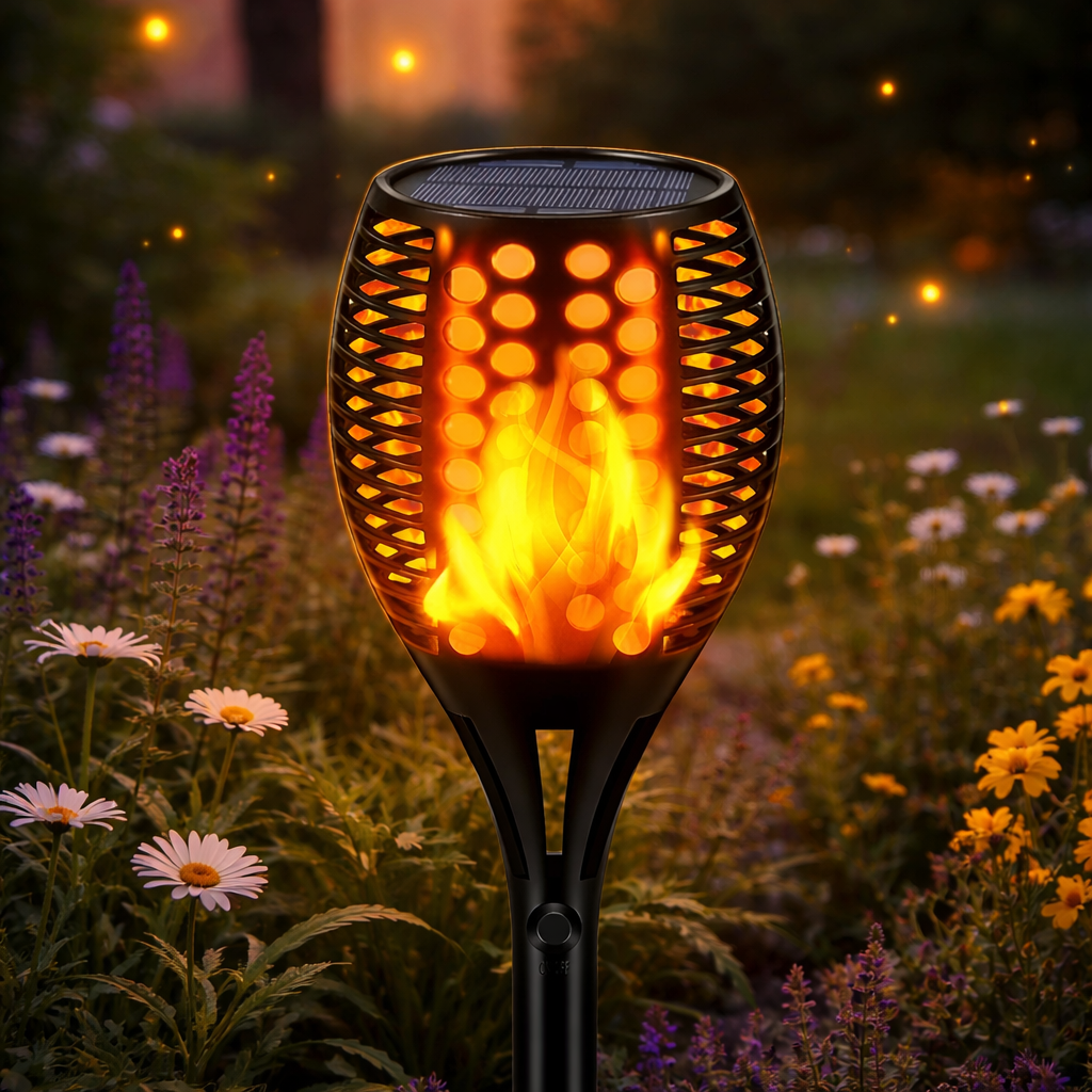 Solar Flame Torch Light Ground Stake | Flickering LED with Dusk-to-Dawn Sensor | IP67 Waterproof Garden Lighting