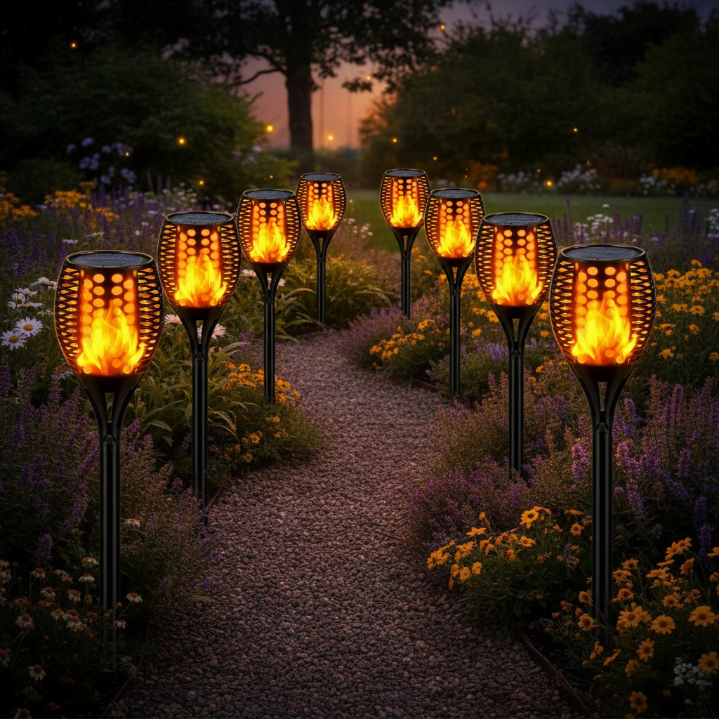 Solar Flame Torch Light Ground Stake | Flickering LED with Dusk-to-Dawn Sensor | IP67 Waterproof Garden Lighting
