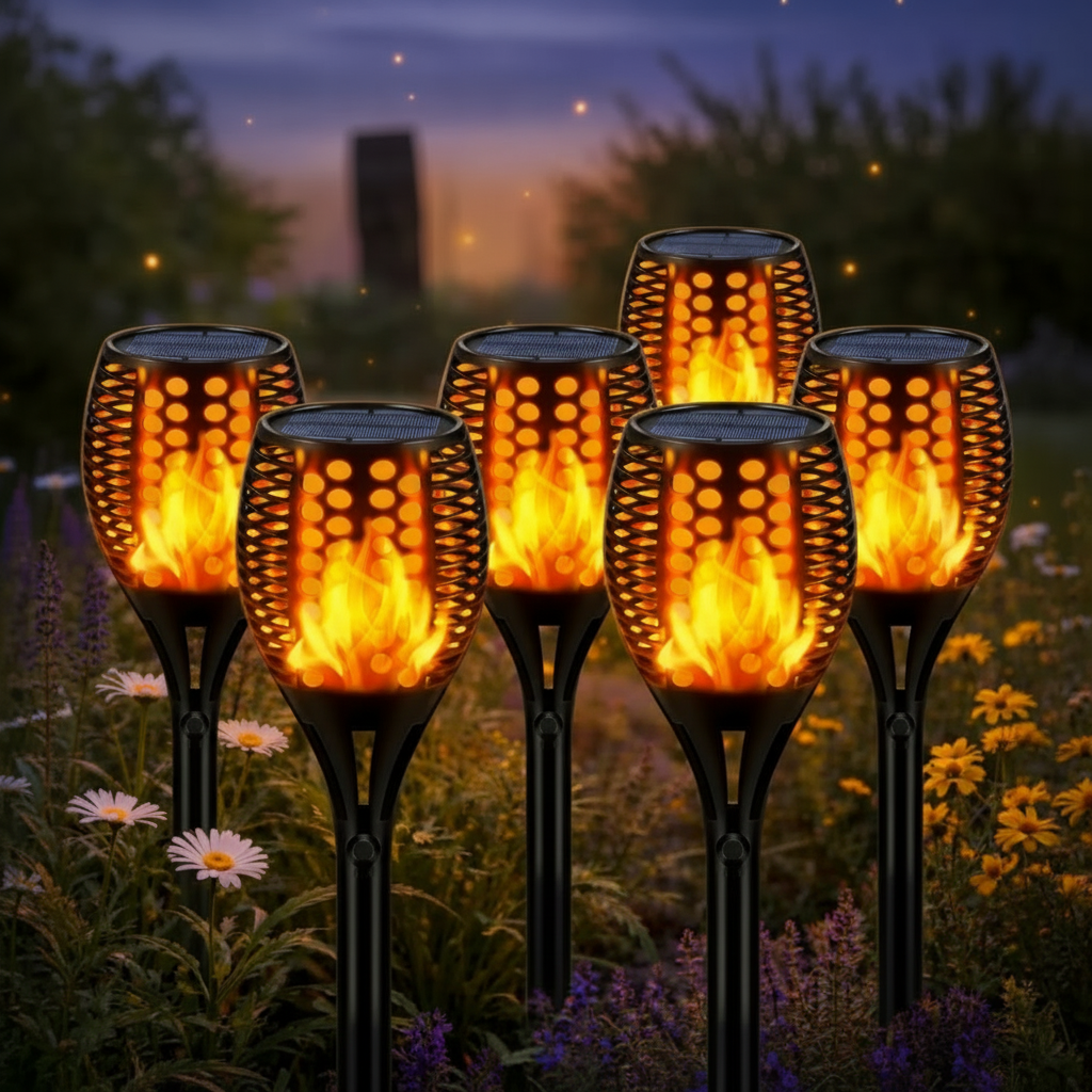Solar Flame Torch Light Ground Stake | Flickering LED with Dusk-to-Dawn Sensor | IP67 Waterproof Garden Lighting