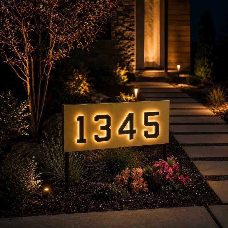 Solar House Number Sign, ABS Plate | IP44 Waterproof, 10-Hour Battery | Dusk Sensor, Warm White LED, Adhesive or Screw Fixing