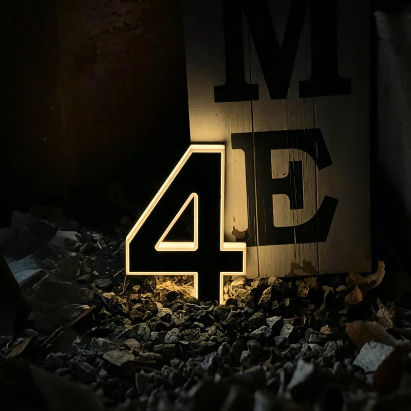 Solar House Number Sign, ABS Plate | IP44 Waterproof, 10-Hour Battery | Dusk Sensor, Warm White LED, Adhesive or Screw Fixing