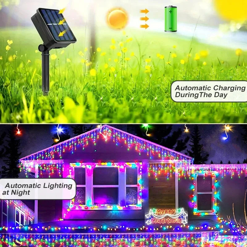 Solar Icicle Lights Outdoor Christmas Halloween Decor | 8 Lighting Modes, Waterproof Fairy String | Solar Powered, No Wiring