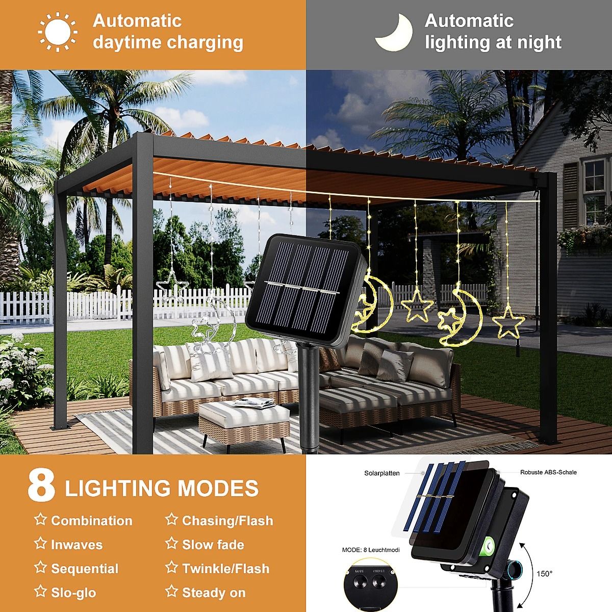 Solar LED Moon Star Curtain Lights | 8 Lighting Modes, 300 cm Waterproof String Curtain | Weatherproof Outdoor Decor