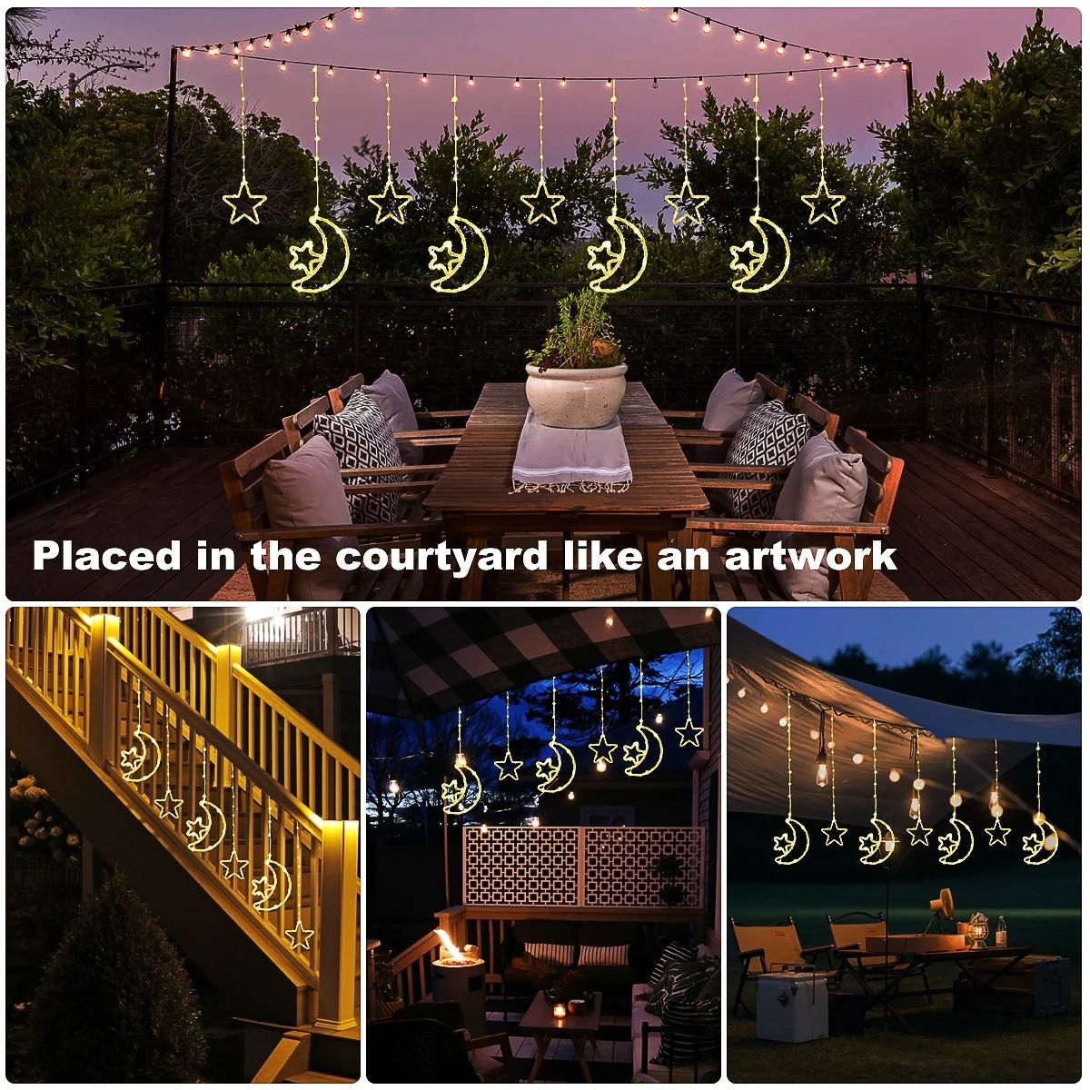 Solar LED Moon Star Curtain Lights | 8 Lighting Modes, 300 cm Waterproof String Curtain | Weatherproof Outdoor Decor