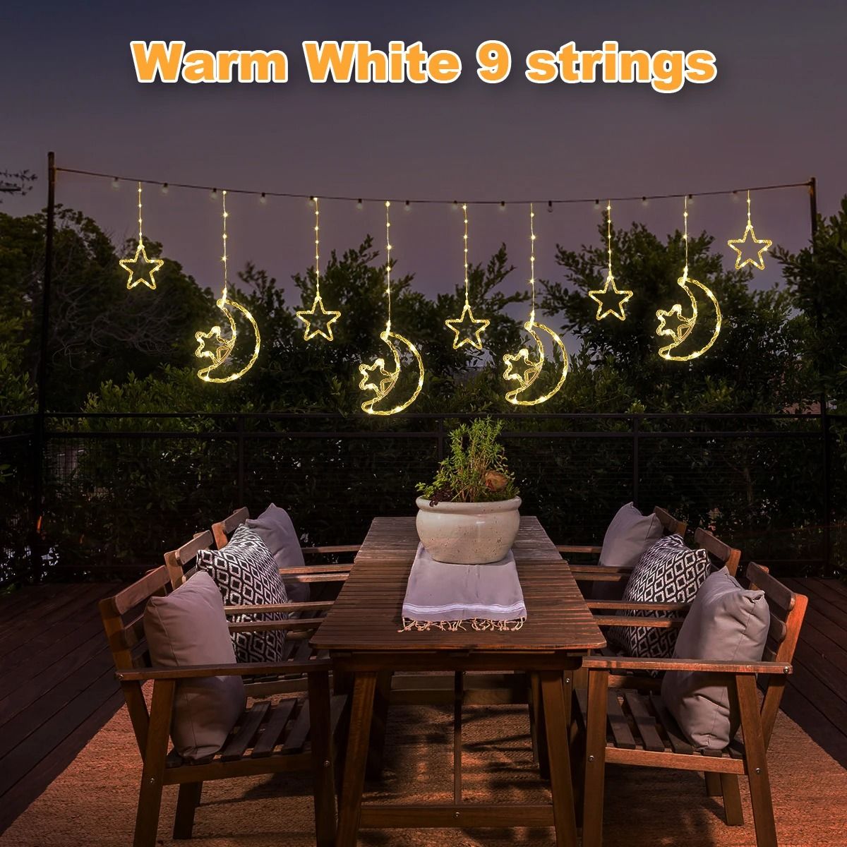 Solar LED Moon Star Curtain Lights | 8 Lighting Modes, 300 cm Waterproof String Curtain | Weatherproof Outdoor Decor