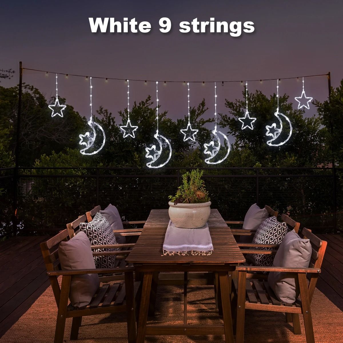 Solar LED Moon Star Curtain Lights | 8 Lighting Modes, 300 cm Waterproof String Curtain | Weatherproof Outdoor Decor