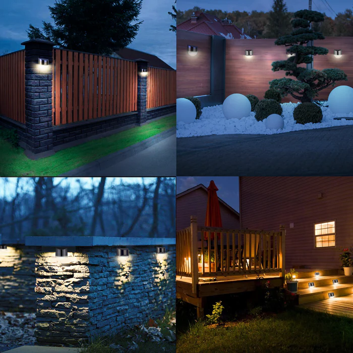 Solar LED Wall Lights Stainless Steel | Dusk-to-Dawn Sensor, Set of 4 | IP65 Waterproof, Weatherproof Cable-Free Design