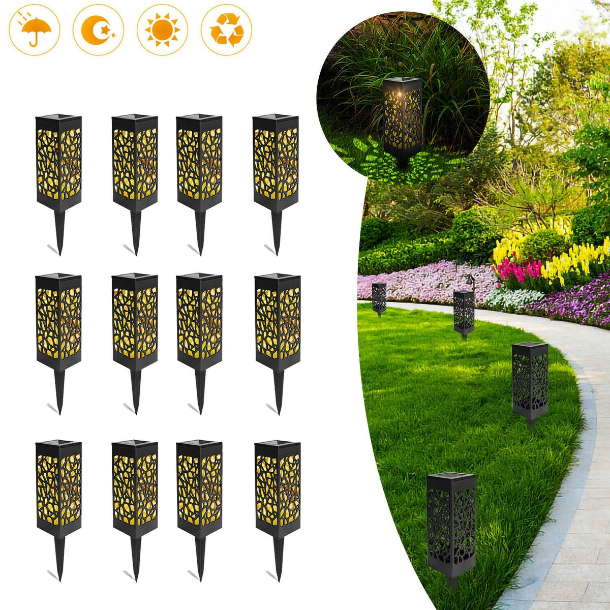 Solar Path Lights 12 Pack | Warm White LED Ground Stake Lights | IP55 Waterproof Automatic Dusk-to-Dawn Lighting