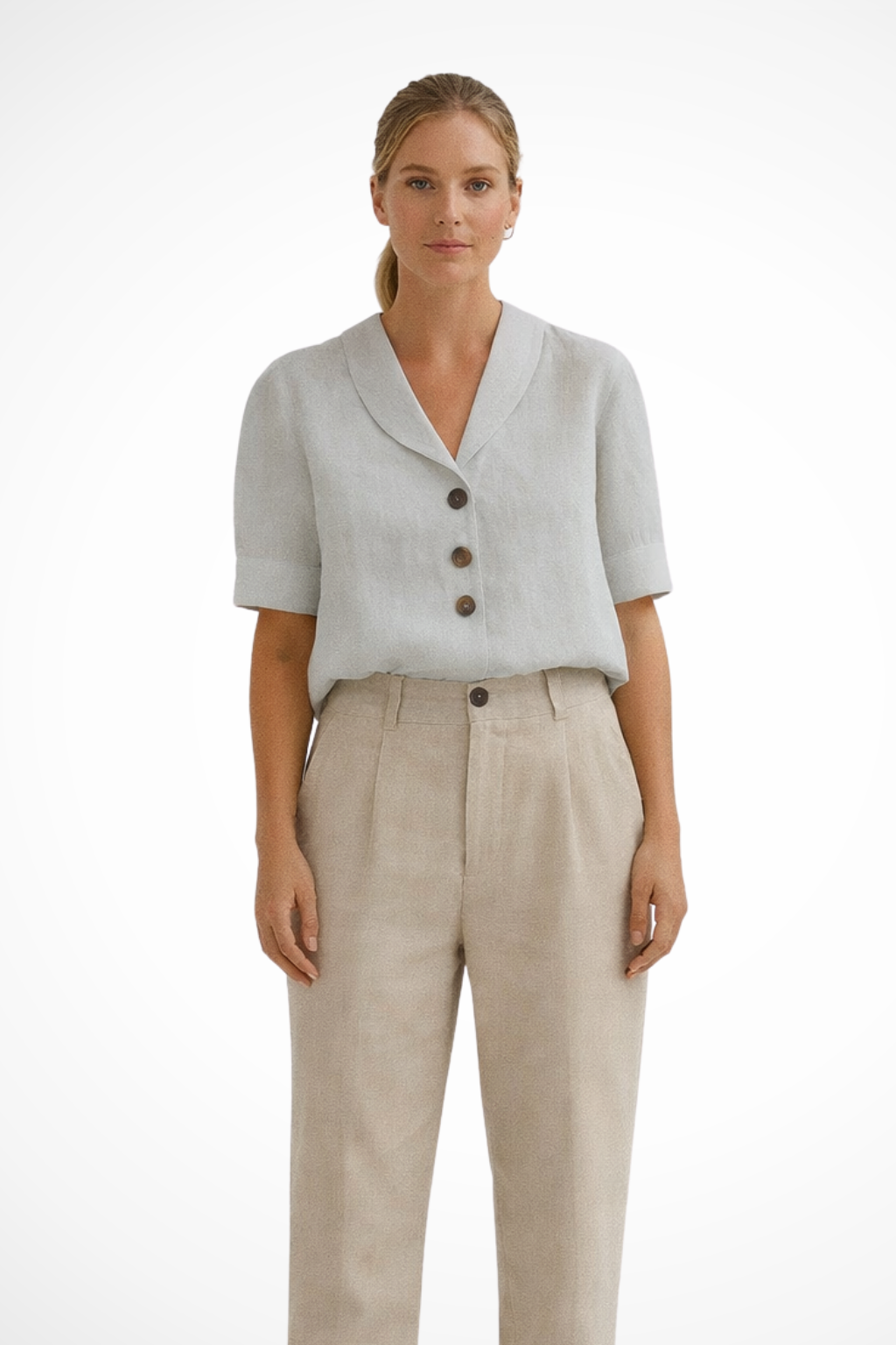 Solène | Women's Linen Blend Blouse – Soft Collar Short Sleeve Top 2