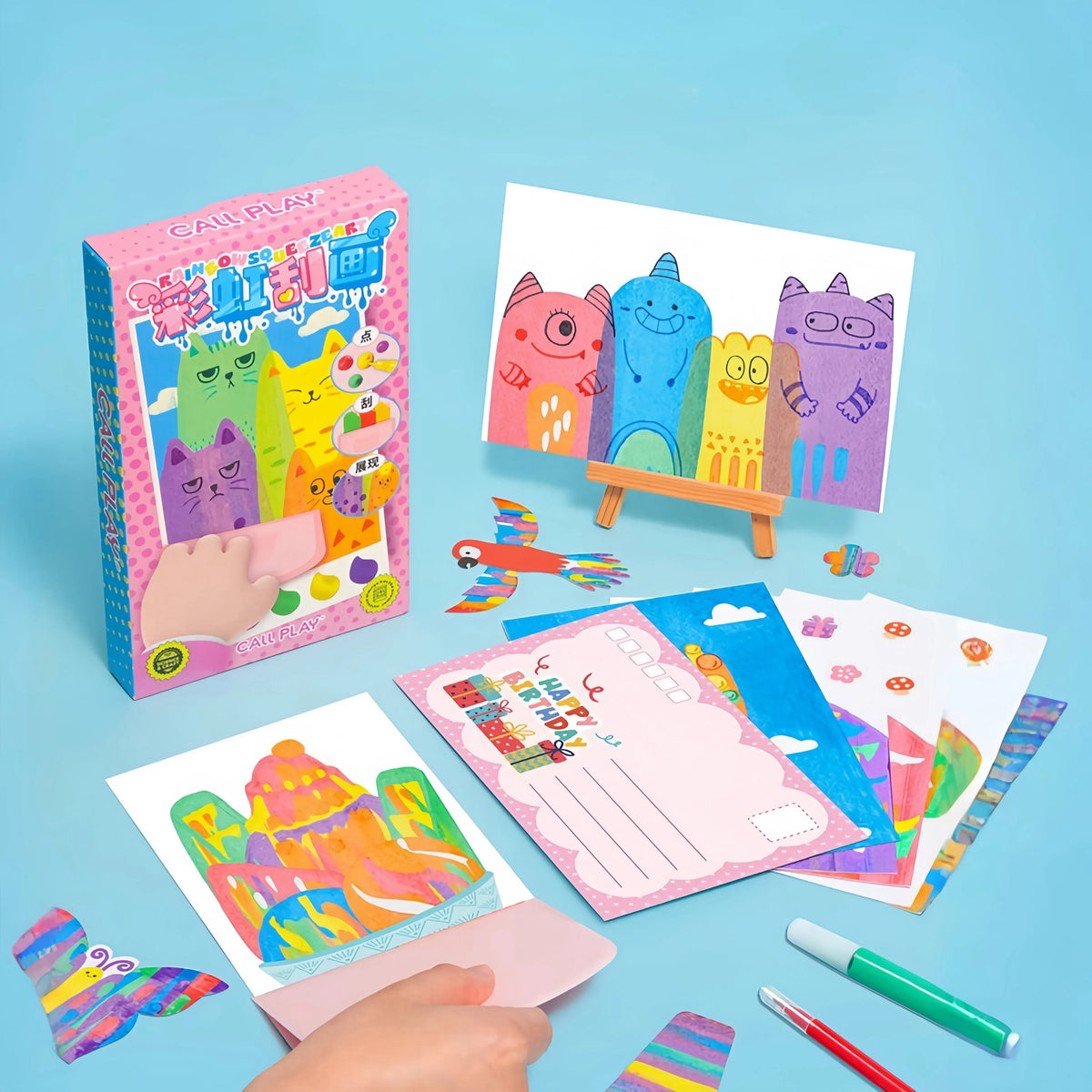 Squeegee Painting Kit for Children | 20 Papers, 7 Paint Colours, 6 Watercolour Pencils | Compact Creative Art Set