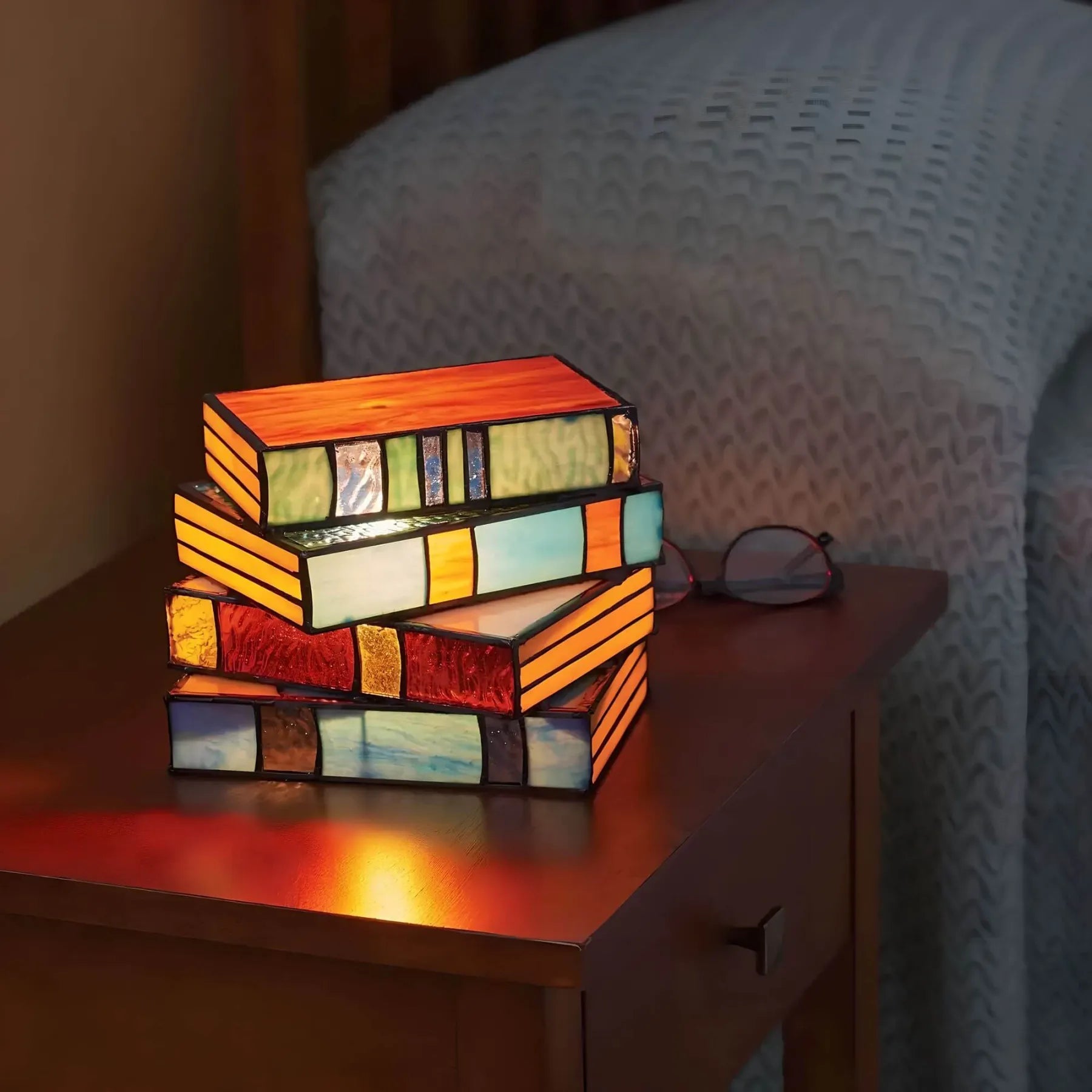 Stained Glass Book Lamp | Handcrafted Stacked-Book Accent Light