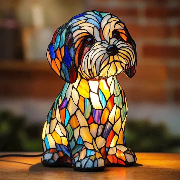 Stained glass look dog table lamp with multicolour mosaic 2