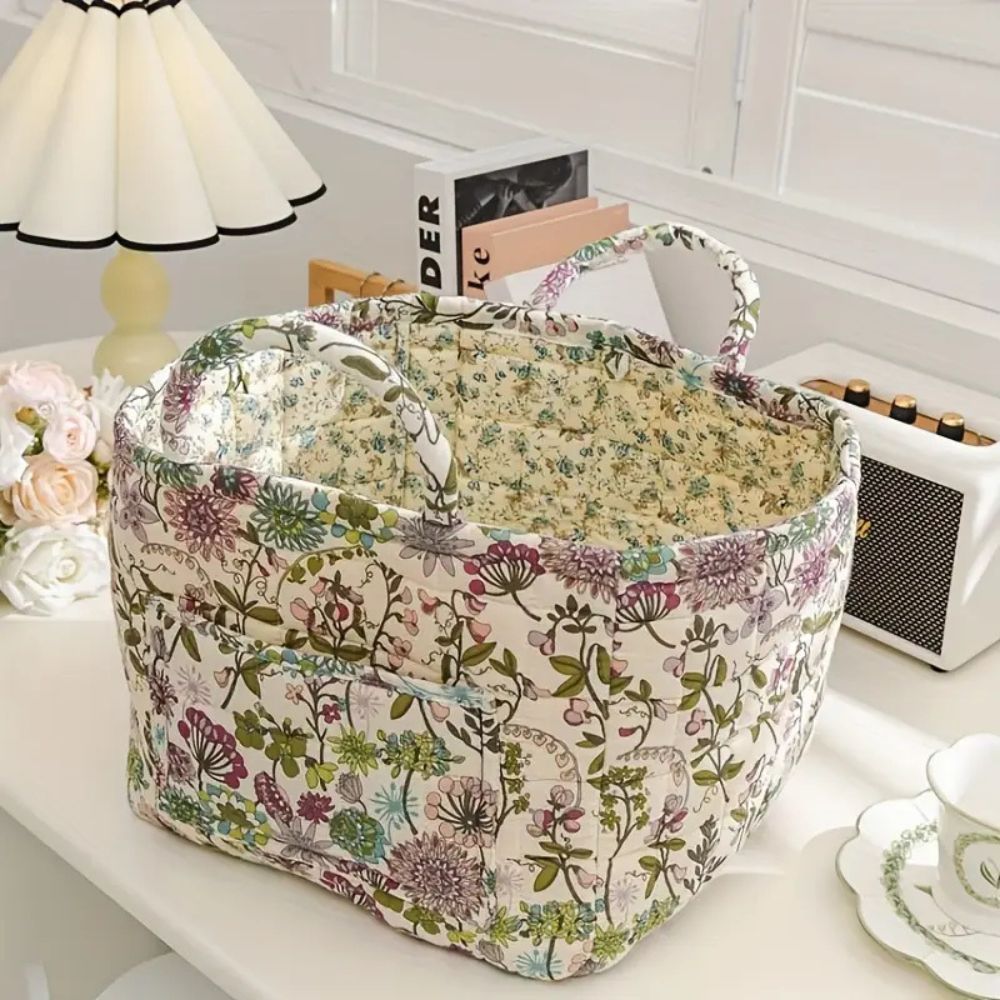 Storage Basket, Quilted Floral Design, Dual Carry Handles, Open Top 0
