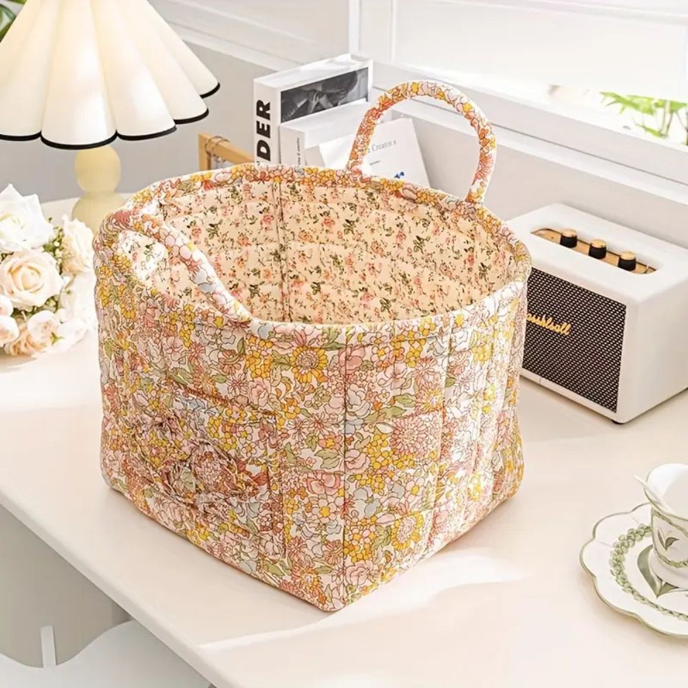 Storage Basket, Quilted Floral Design, Dual Carry Handles, Open Top 6