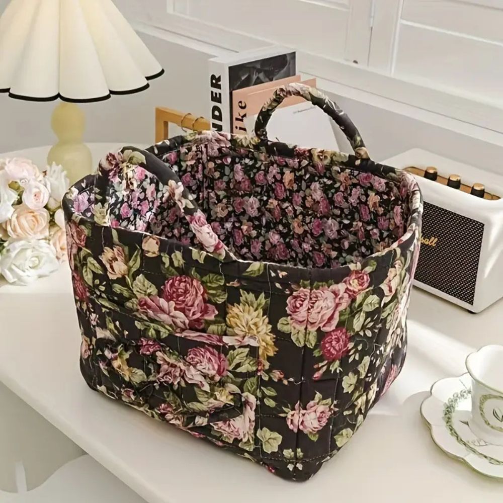 Storage Basket, Quilted Floral Design, Dual Carry Handles, Open Top 7