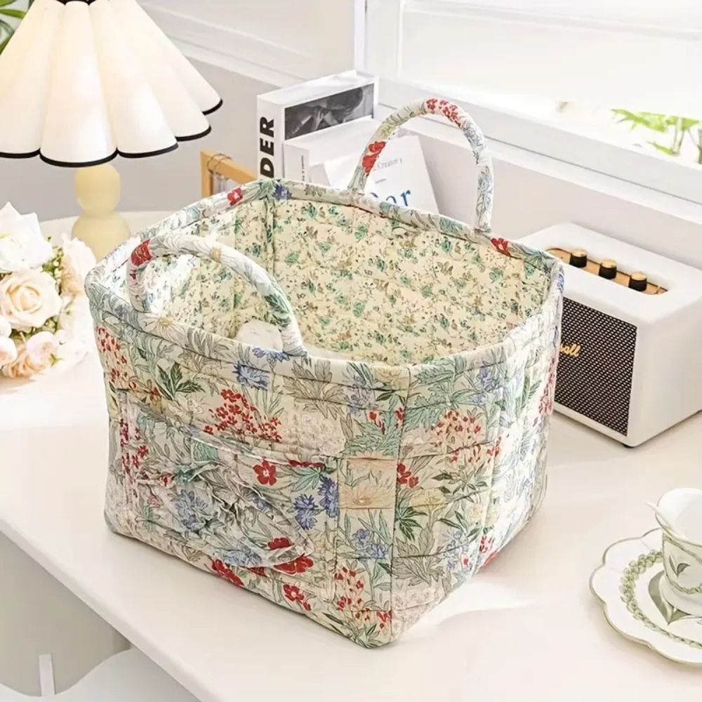 Storage Basket, Quilted Floral Design, Dual Carry Handles, Open Top 8