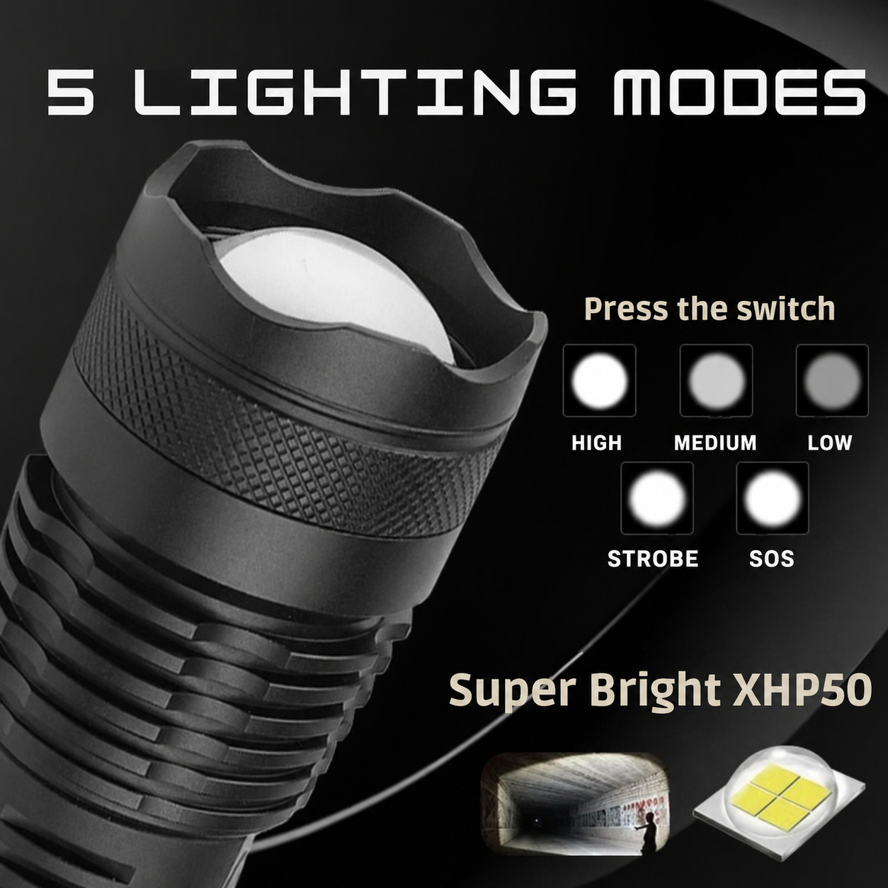 Super-Bright Flashlight – Aluminum, 90,000 Lumens, Waterproof for Outdoor and Adventure Activities 4