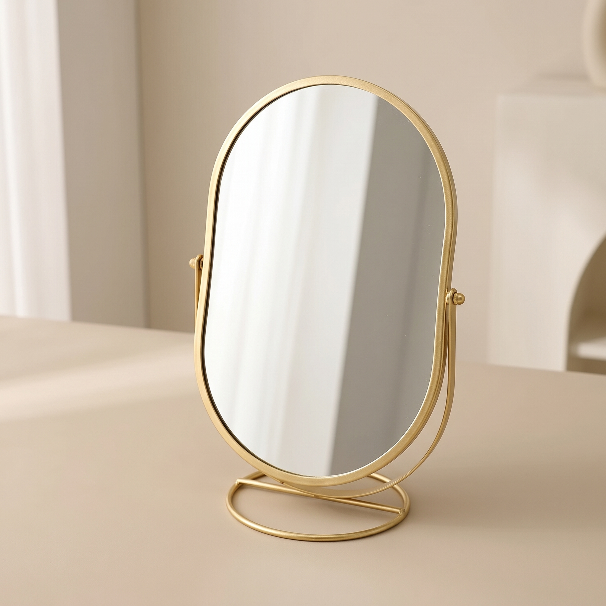 Tabletop Makeup Mirror | Tilting Oval On A Looped Base