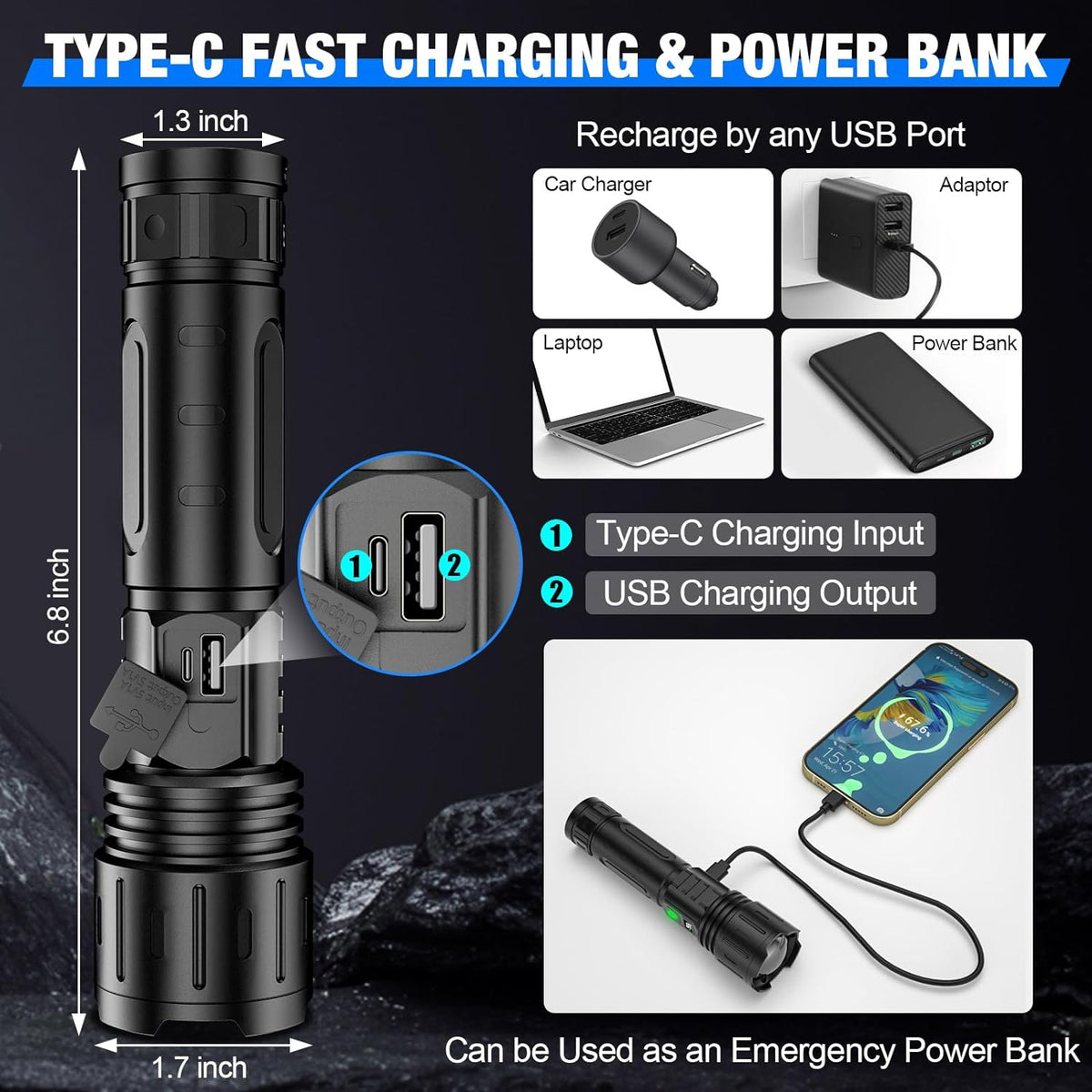 Tactical LED Flashlight Rechargeable | 100000 Lumen Zoomable Torch | 5000mAh Power Bank, IPX5 Waterproof for Camping & Emergencies