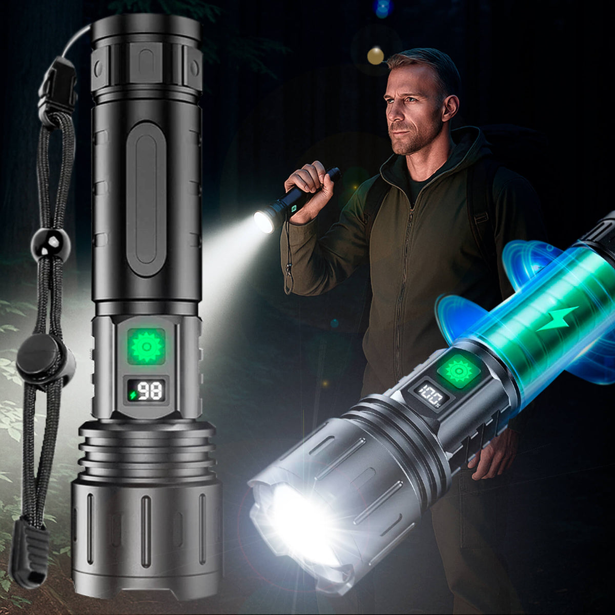 Tactical LED Flashlight Rechargeable | 100000 Lumen Zoomable Torch | 5000mAh Power Bank, IPX5 Waterproof for Camping & Emergencies