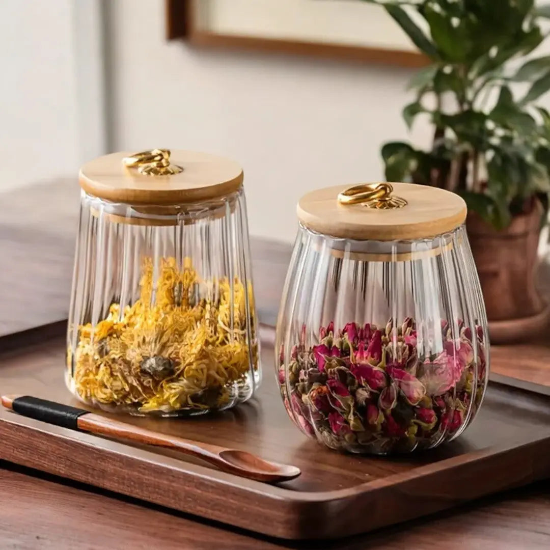 Tea Storage Jar | Ribbed Glass Jar with Sealed Wooden Lid
