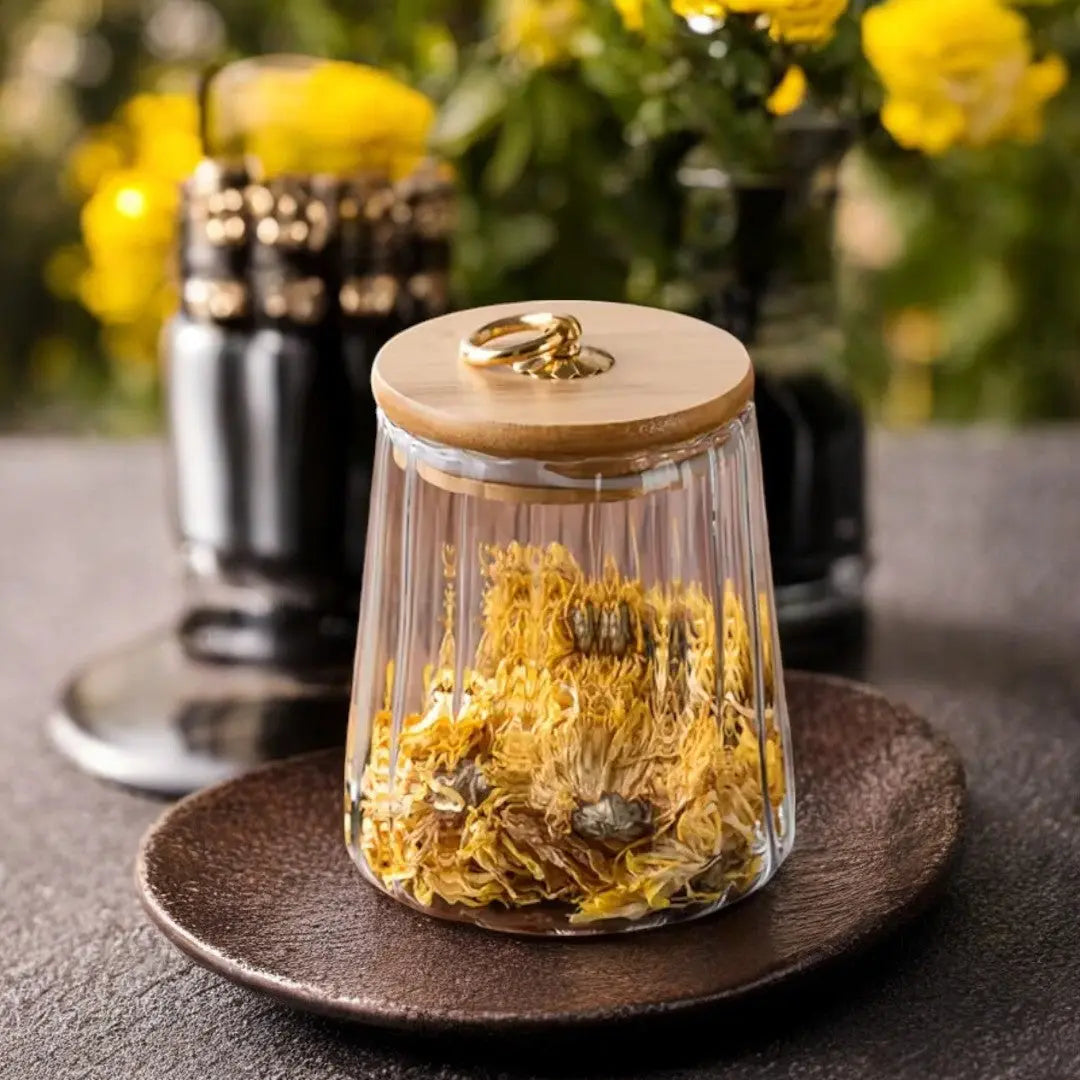 Tea Storage Jar | Ribbed Glass Jar with Sealed Wooden Lid