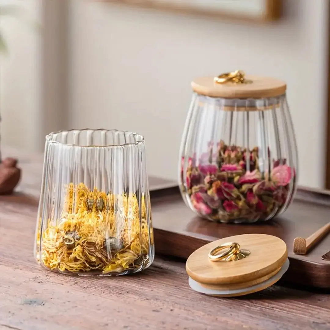 Tea Storage Jar | Ribbed Glass Jar with Sealed Wooden Lid
