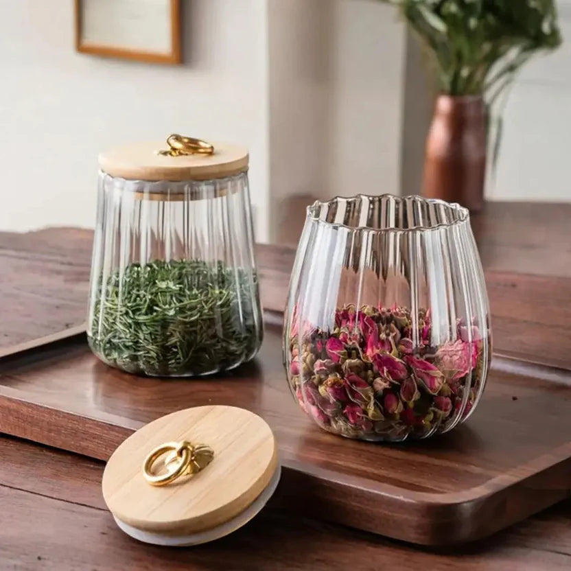 Tea Storage Jar | Ribbed Glass Jar with Sealed Wooden Lid