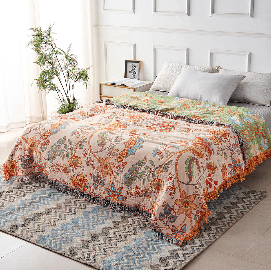 Throw Blanket | Woven Floral With A Tasselled Edge
