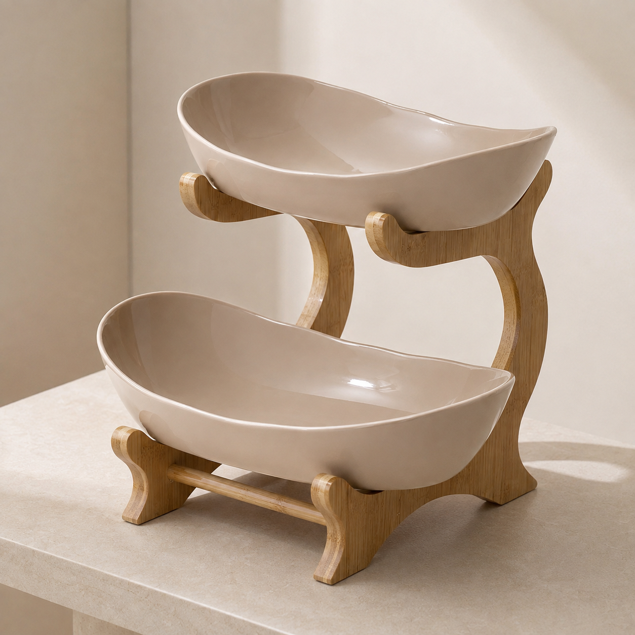 Tiered Fruit Stand, Bamboo Frame, Oval Bowl Design 1