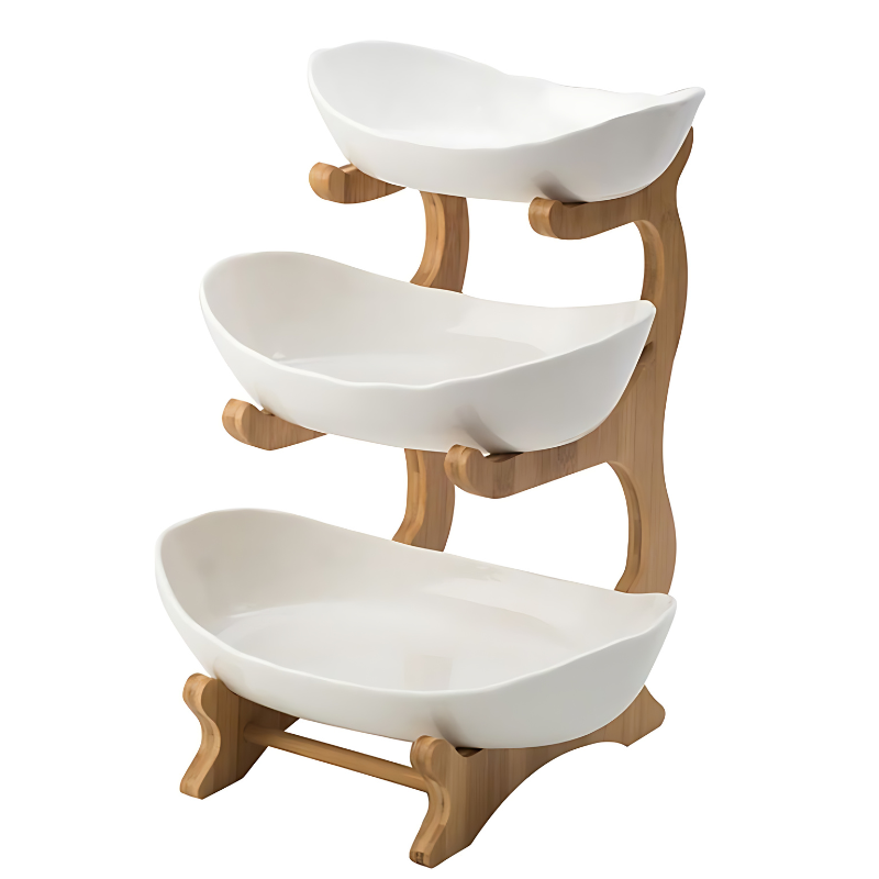 Tiered Fruit Stand, Bamboo Frame, Oval Bowl Design 7