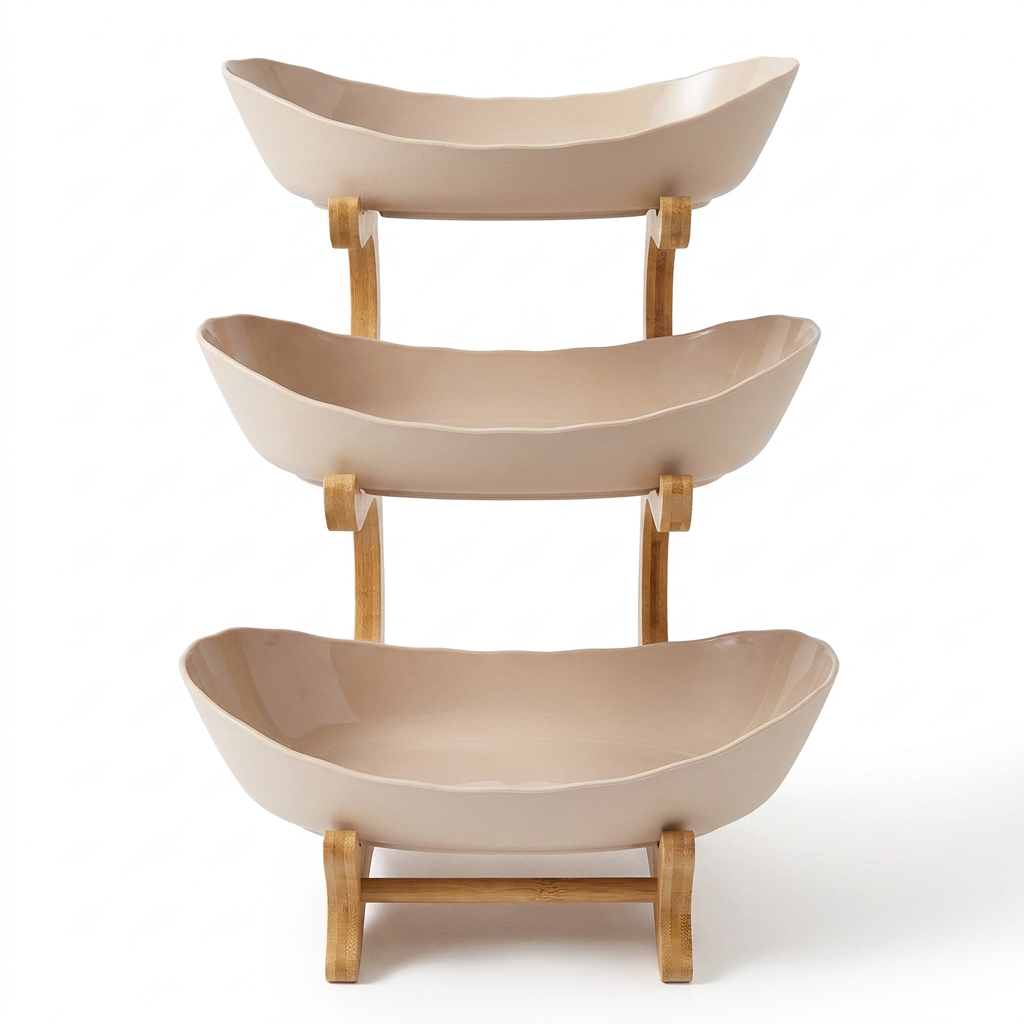 Tiered Fruit Stand, Bamboo Frame, Oval Bowl Design 8