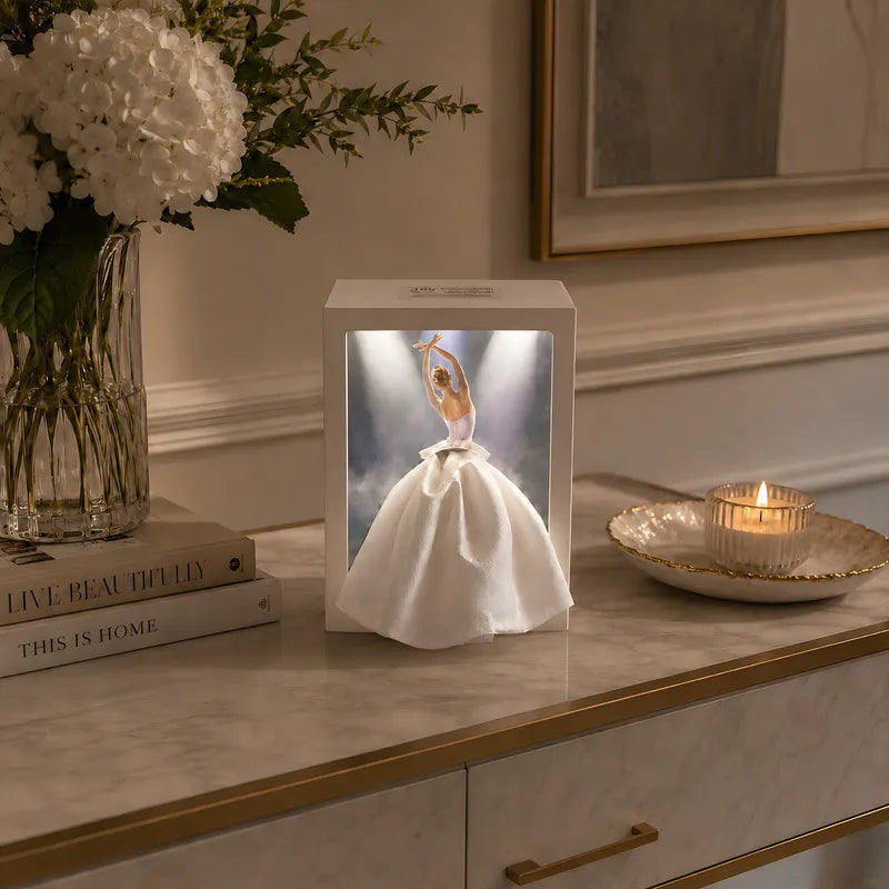 Tissue Box Cover with Dress Illustration | Touch-Sensitive Ambient Light | ABS, 20 x 15 x 10 cm, Ballerina or Couture Insert