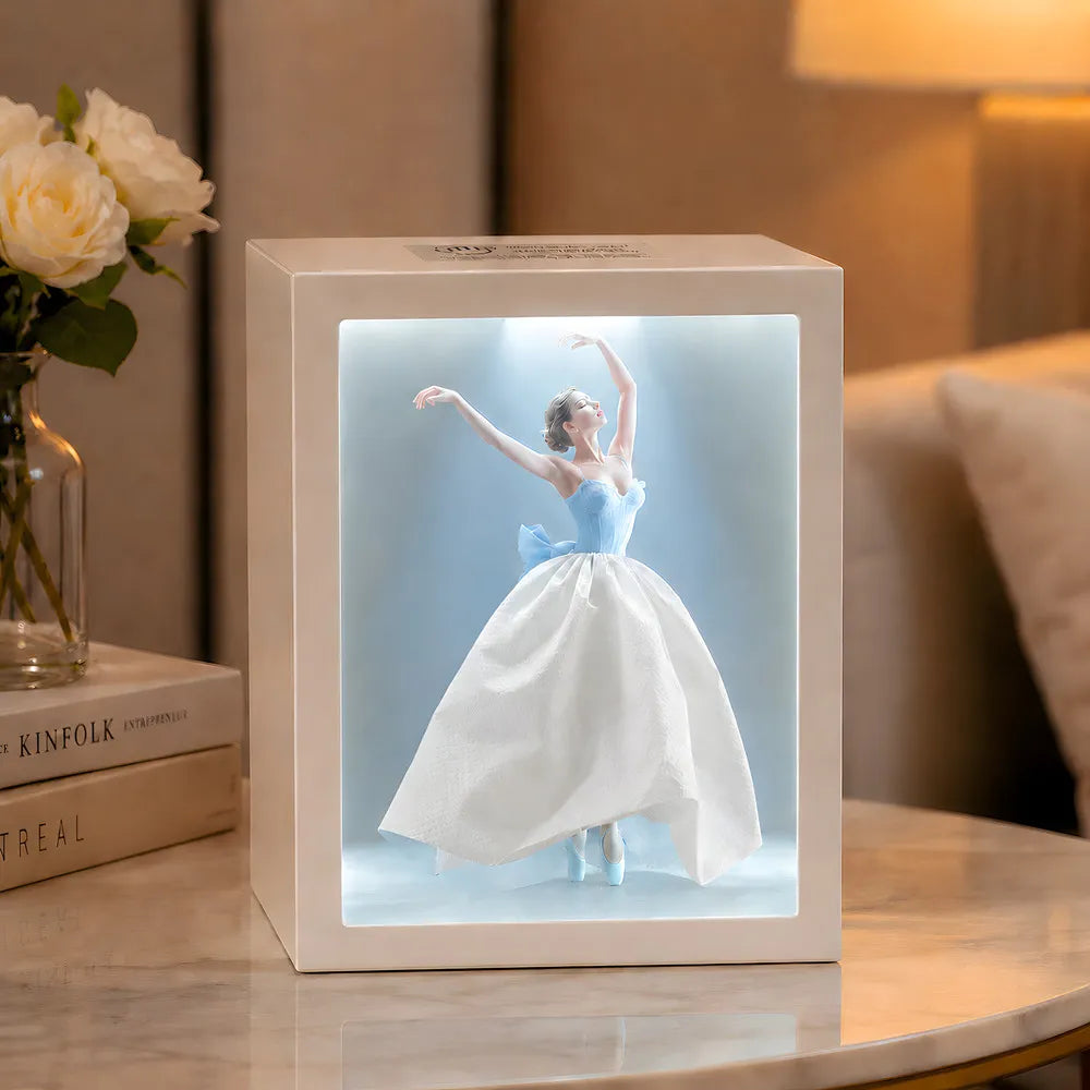 Tissue Box Cover with Dress Illustration | Touch-Sensitive Ambient Light | ABS, 20 x 15 x 10 cm, Ballerina or Couture Insert