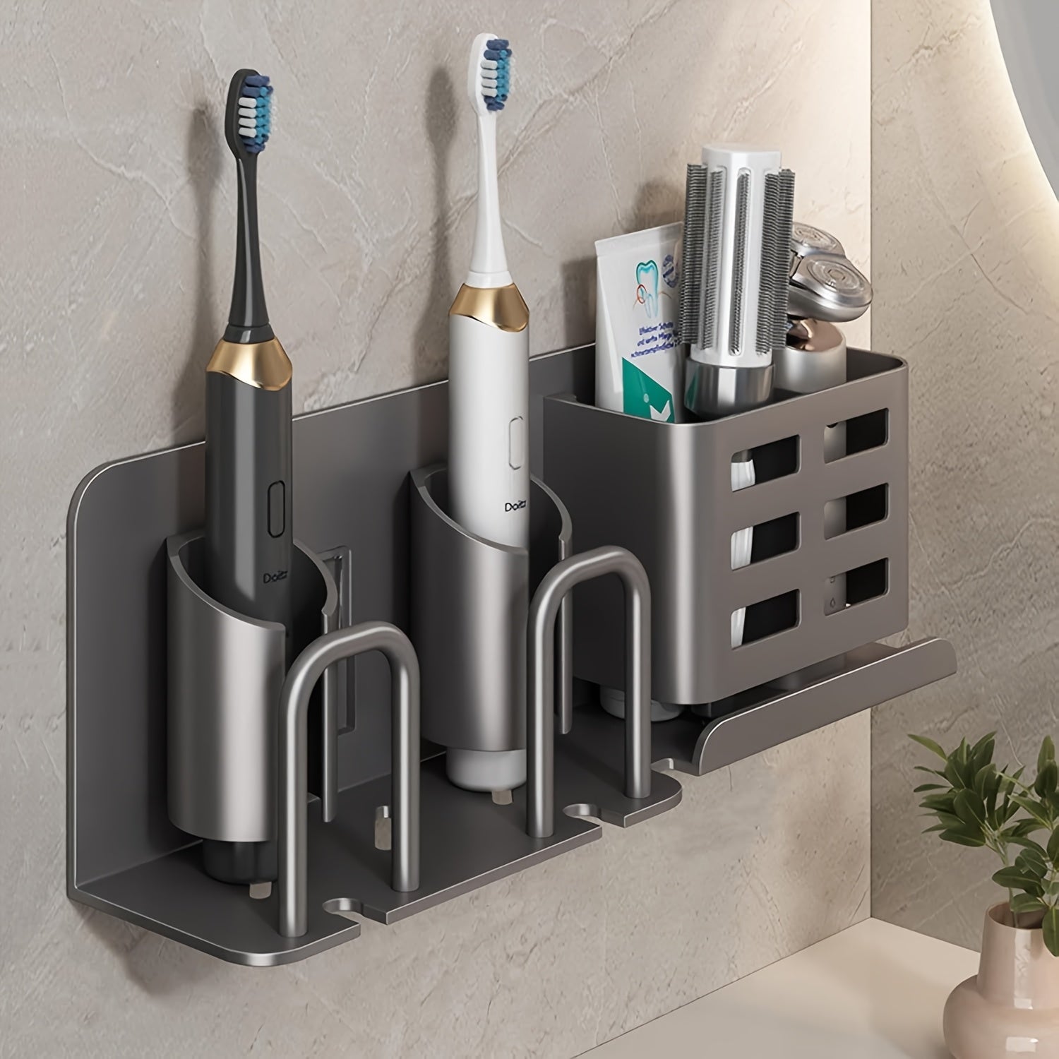 Toothbrush Holder | Two Upright Cups, Slotted Side Basket