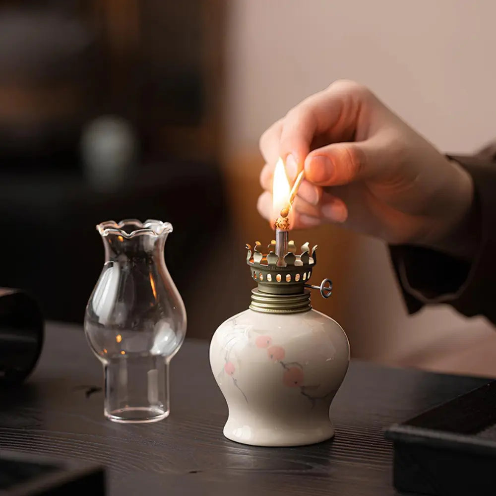 Ceramic Oil Lantern with Glass Shade, 18 cm | Adjustable Wick Flame, Bud or Classic Shape | Windproof Ambient Lighting 20