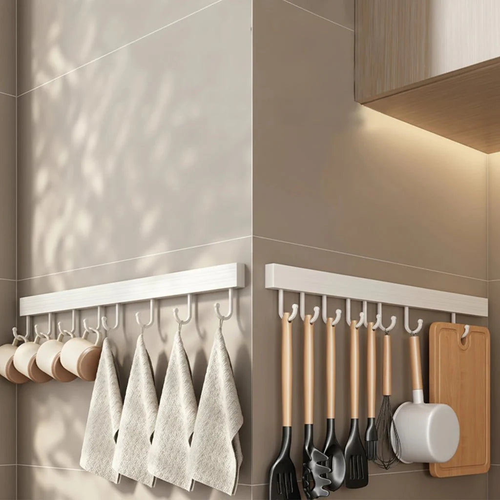 Wall-Mounted Hook Organizer | Slim Kitchen Hook Rail