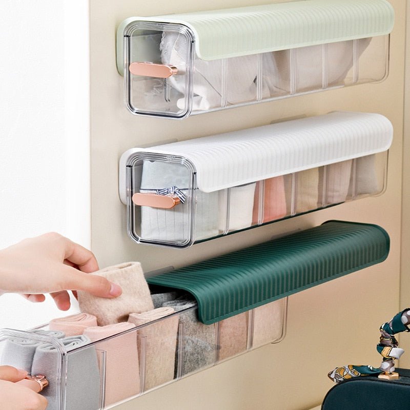 Wall-Mounted Storage Box Plastic 36 x 8.3 x 10 cm | 6-Compartment Adhesive Organizer | White, Light Green, Dark Green