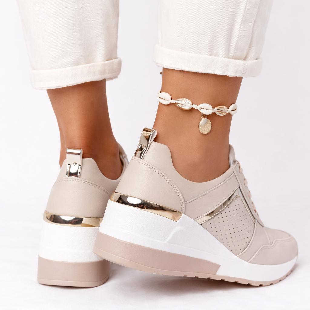 Wedge Sole Sneakers | Women's Lace-Up Comfort Shoe - PU Upper